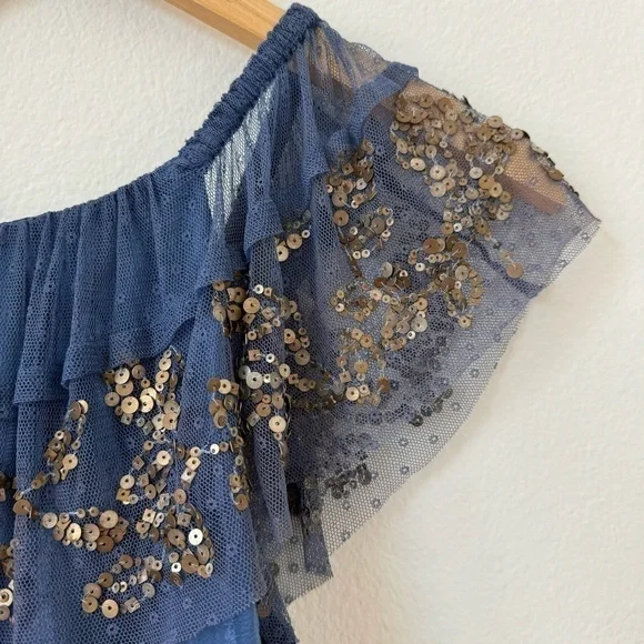 Free People Elisas Off the Shoulder Gold Sequin Blue Top XS SAMPLE - Picture 9 of 15